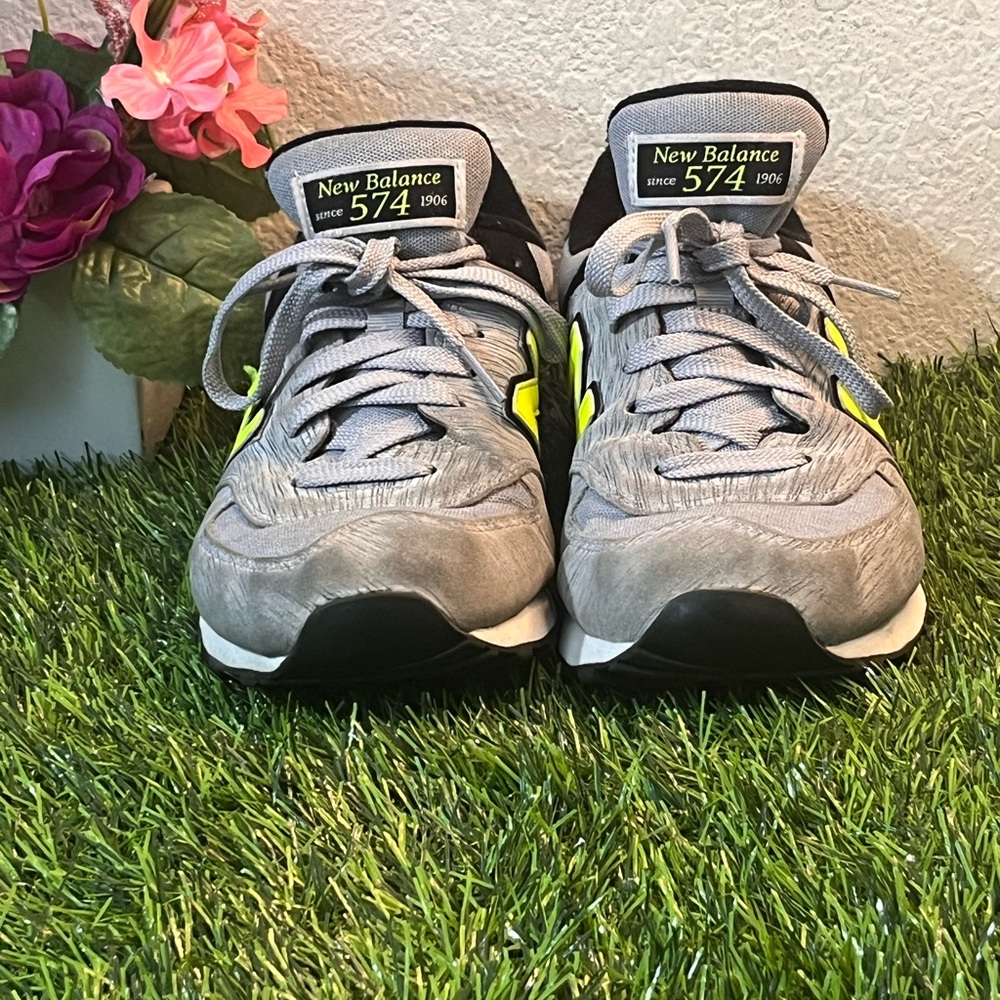 New Balance 574 Gray Sneakers with Neon Yellow Accents